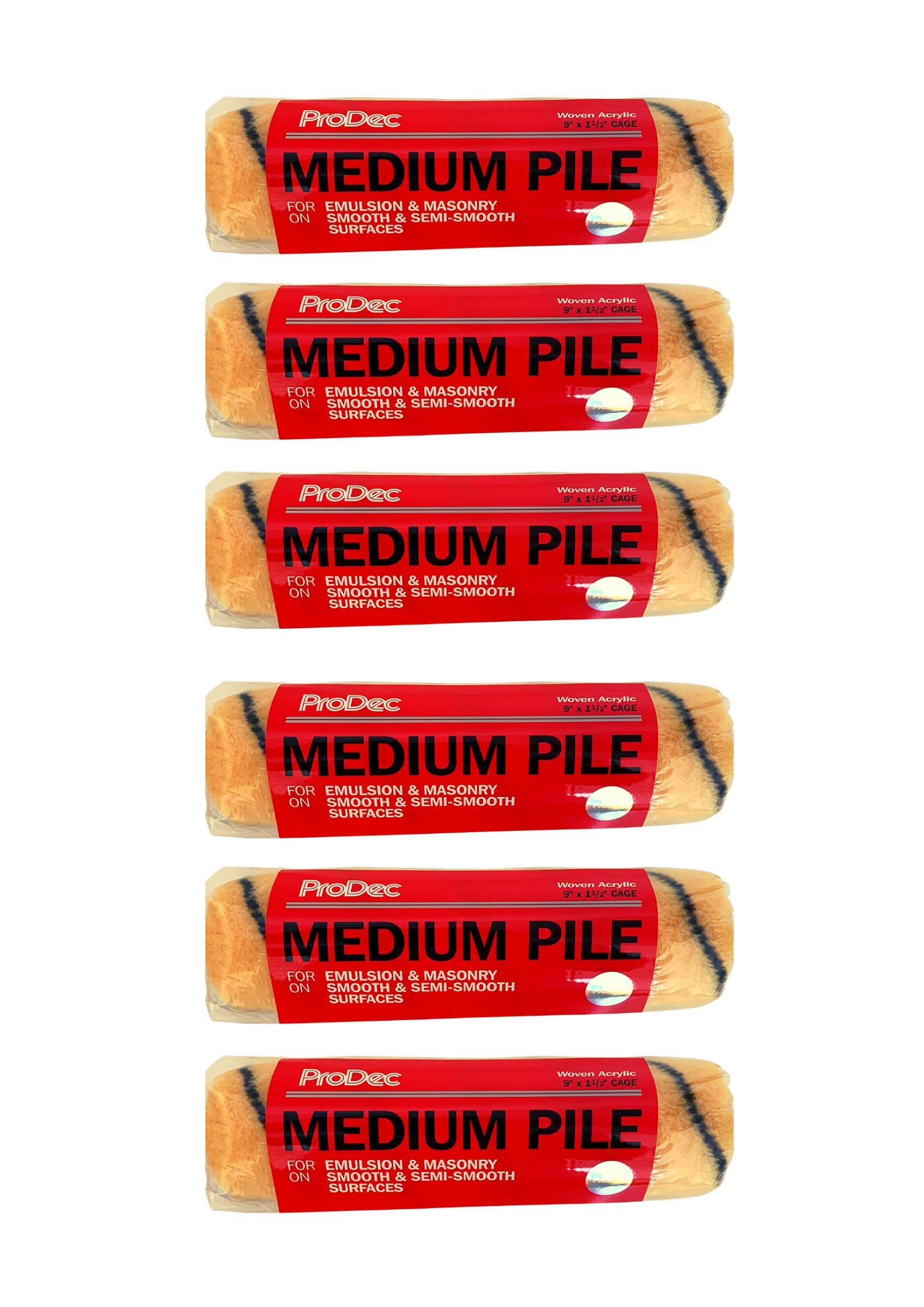 Prodec 9" x 1.5" Inch Medium Pile Roller Sleeve nap Refill Covers Multi 6 Pack for Walls, Ceilings, Smooth & semi-Smooth Surfaces Trade and DIY Emulsion & Gloss Paint - (6 Pack)