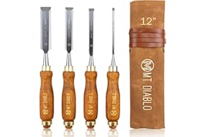 Mt Diablo Woodworking Tools 4 Piece Chisel Set - Premium CV60 Steel Wood Chisel Sets with Ergonomic Handles, Includes 1/4" 1/2" 3/4" 1" Widths - Ideal for Woodworkers - Durable Waxed Canvas Tool Roll