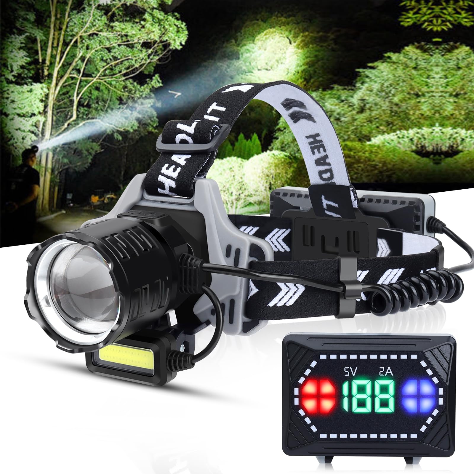 Bud K Head Torch Rechargeable, 3000 Lumens Super Bright LED Head Torch Flashlight with Motion Sensor, 8 Modes, 135°Adjustable, IPX7 Waterproof Headlamp for Camping, Running, Climbing, Hiking