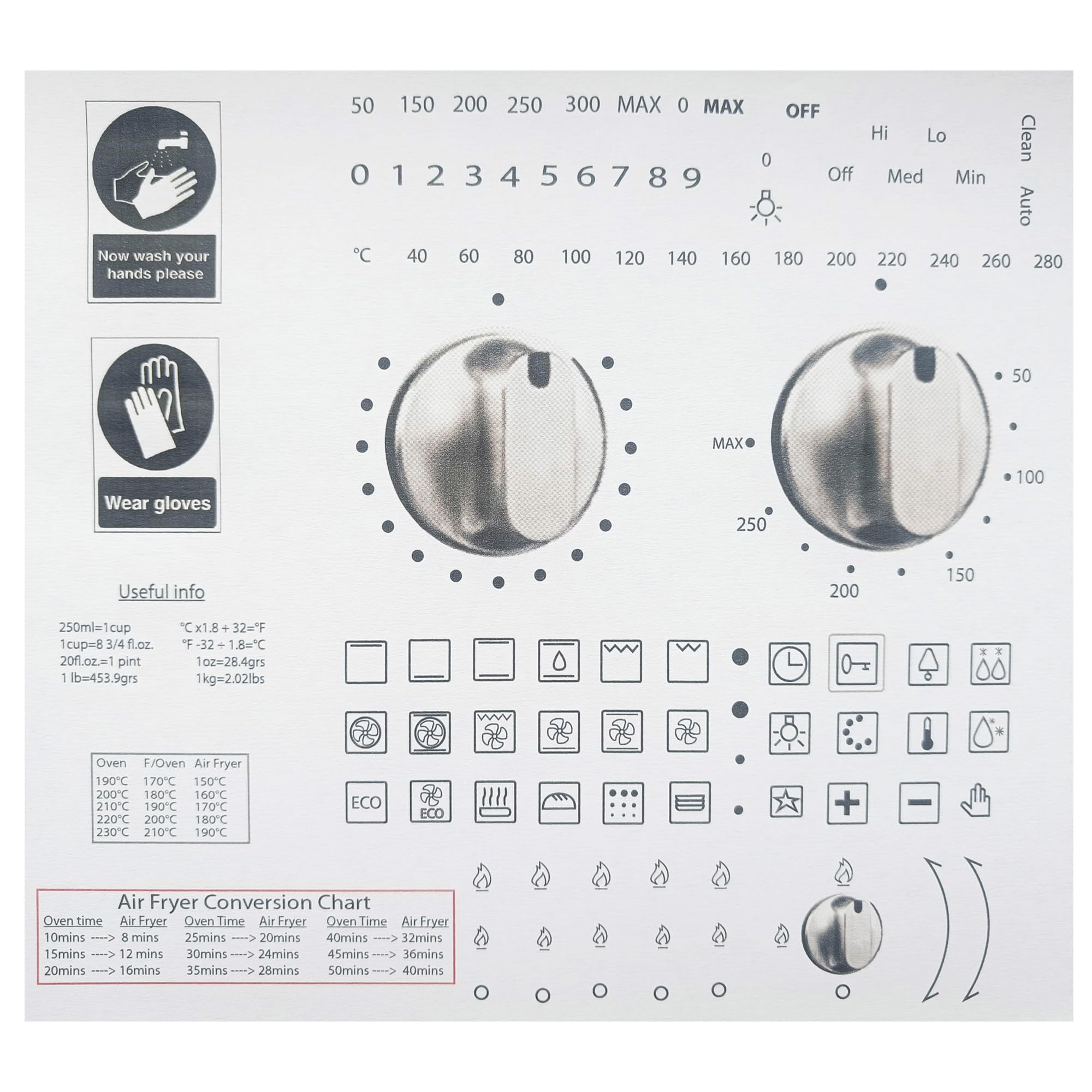 Arqi UK 111pcs Oven Stickers Replacement Black on Transparent, Fits Conventional and Microwave ovens, Air Fryer Conversion Charts