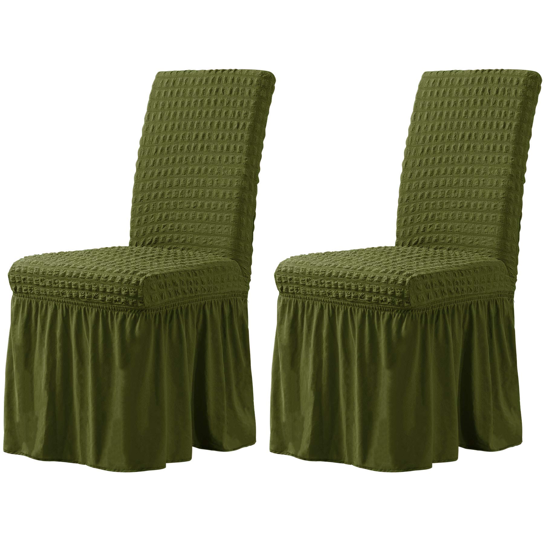 CHUN YI Dining Chair Cover Stretch with Skirt Universal Fitted Chair Slipcovers Washable Furniture Protector for Kids Pets Home Ceremony Banquet Wedding Party (2 PCS, Green)