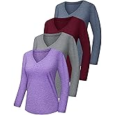 HOPLYNN 4 Pack Womens Long Sleeve Workout Shirts,UPF50+ Rash Guard Dry Fit V Neck UV Sun Protection Running Tops T Shirts
