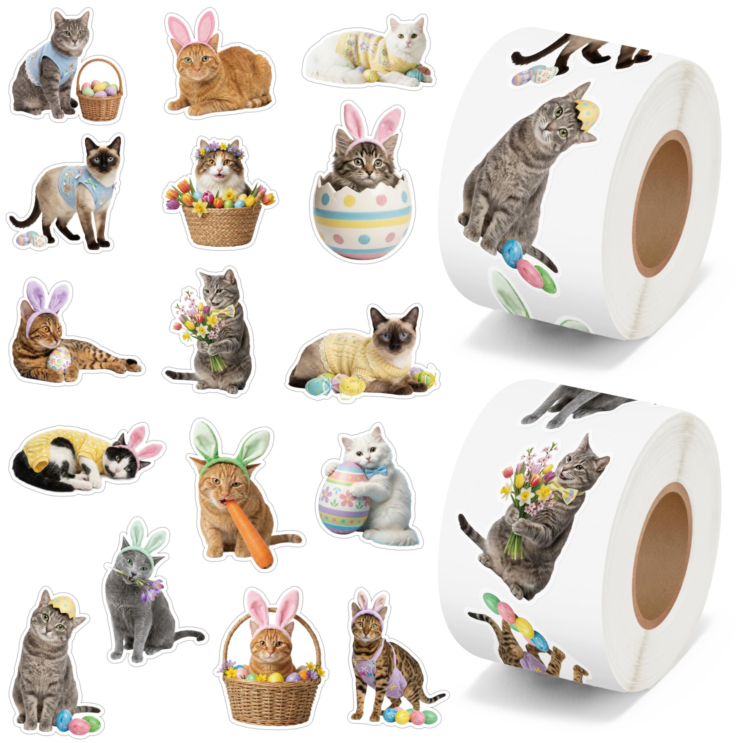 5wsech Easter Cat Roll Stickers - 1000 Spring Eggs Rabbit Ears Holiday Dress Up Realistic Cat Vinyl Decals for Kids, Funny Kitten Stickers Gift for Easter Party Decor Home Laptop Guitar, 16 Designs