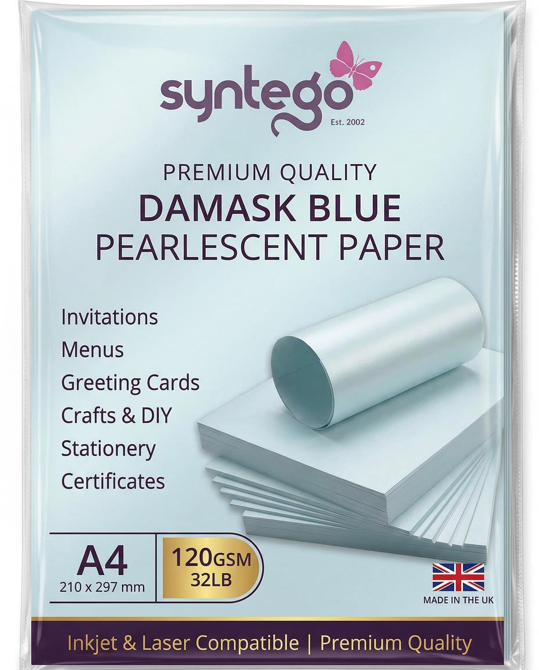 20 x A4 Damask Light Baby Blue Double Sided Pearlescent Shimmer Paper 120gsm Suitable for Inkjet and Laser Printers