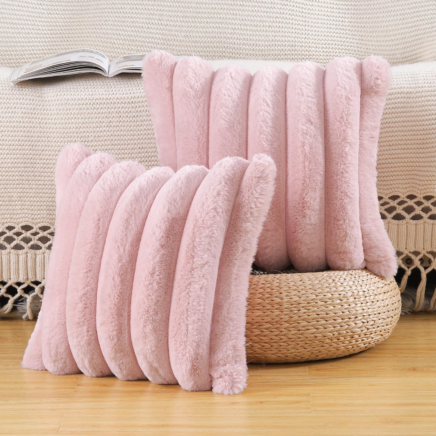 Madizz Plush Faux Fur Throw Pillow Covers 22x22 inch, 55x55 cm Pink Set of 2 Fluffy Striped Soft Decorative Cushion Cover for Sofa Bedroom Pillow Shell โ image 1