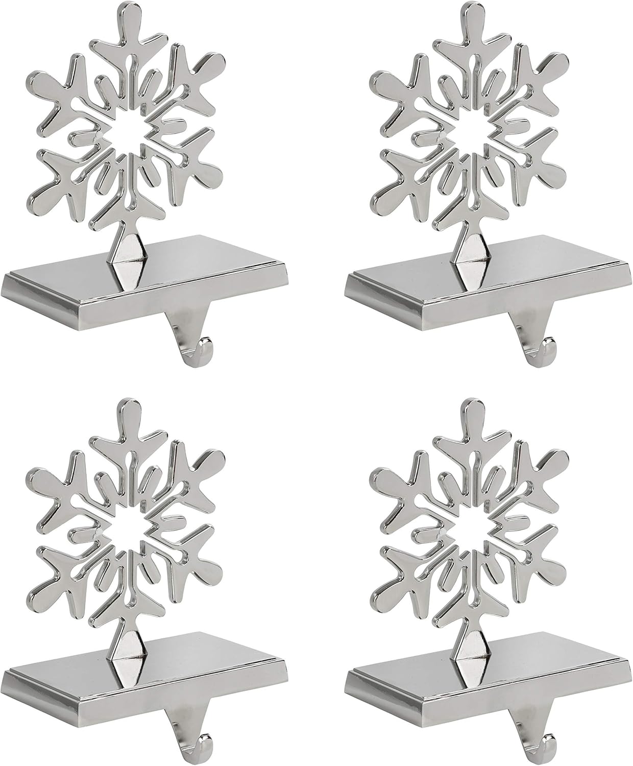 Stockings & Holders - Iconikal 4-Pack Stocking Holders Christmas Chrome Metal Snowflake Weighted for Mantle, Holiday Fireplace Hangers