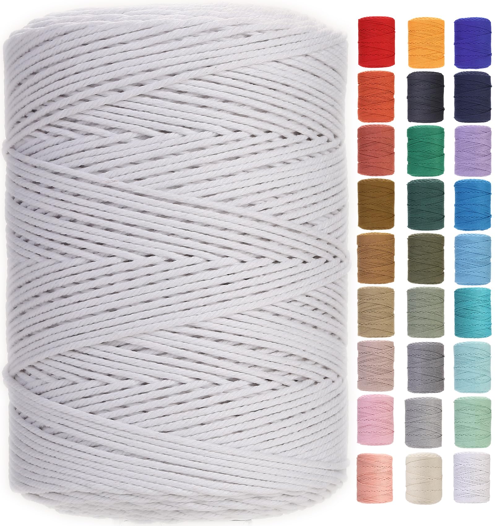 GOHOF Macrame Cord 3mm x 450m Premium Cotton Macrame Rope, 4 Strand Twisted Soft Cotton Cord, One of The Most Perfect Materials for Macrame Art, Cotton String Without Chemicals (White) — image 1