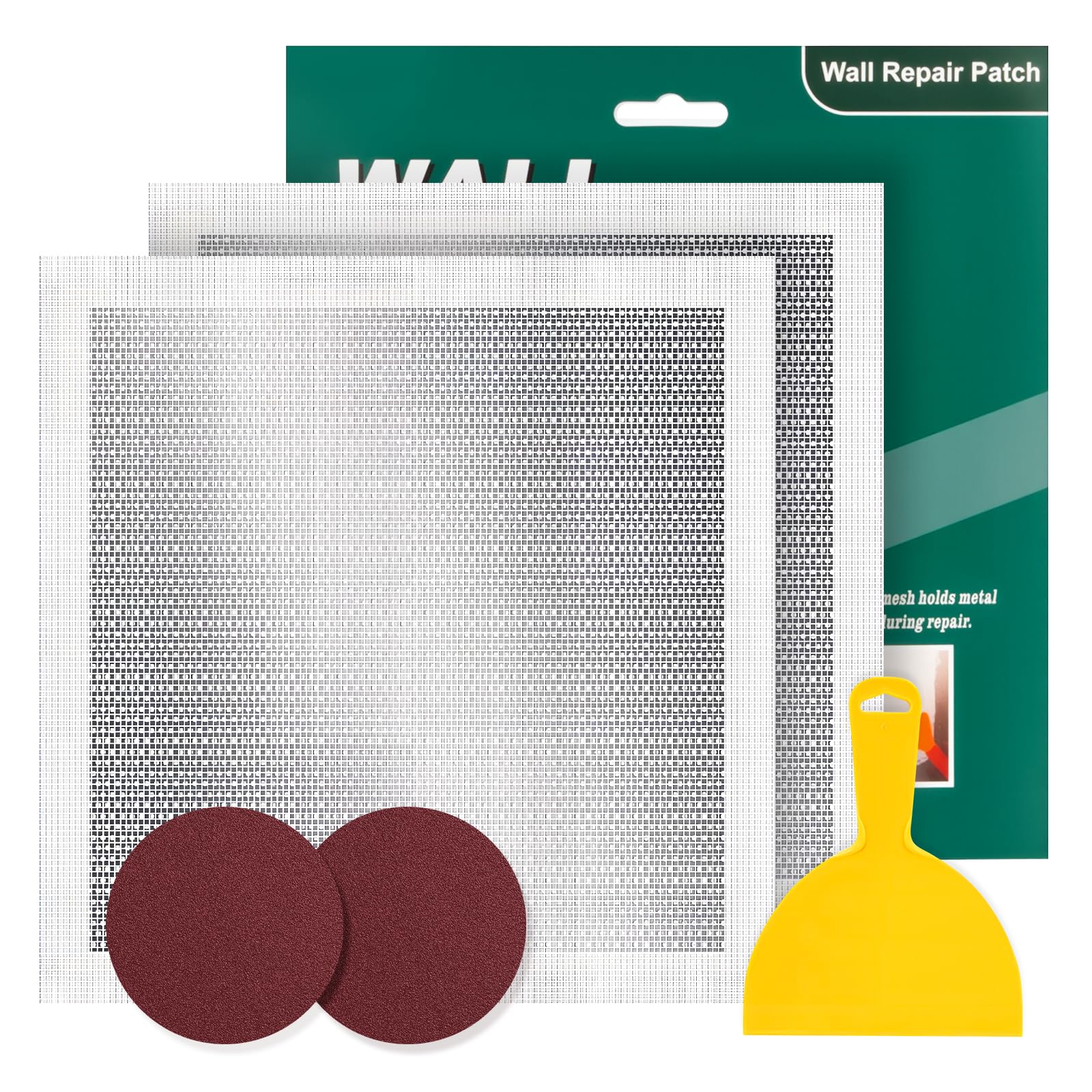 Photo 1 of 12 X 12 Inch Drywall Repair Kit - Heavy Duty Self-Adhesive Mesh Drywall Repair Patch for Large Holes in Wall and Ceiling, Wall Patch Repair Kit with Scraper and Sandpaper - Dry Wall Patch Kits