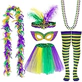 Mardi Gras Costume Accessory Set Tutu Skirt, Faux Feather Headband, Mask,Mardi Gras Beads,Feather Boa,Socks for Women