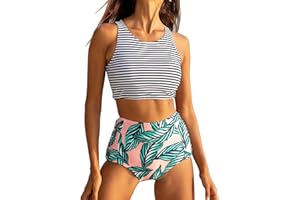 Jolefille Womens High Waisted Bikini Set Two Piece Swimsuit High Neck Bathing Suit Full Coverage Tummy Control Tankini