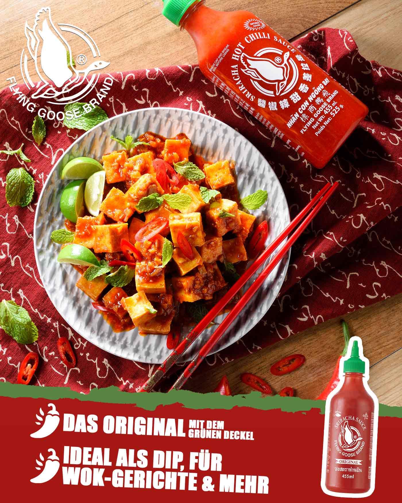 FLYING GOOSE Sriracha Chilisauce, das Original, scharf, grüne Kappe, scharfe Würzsauce aus Thailand, 1 x 455 ml 4