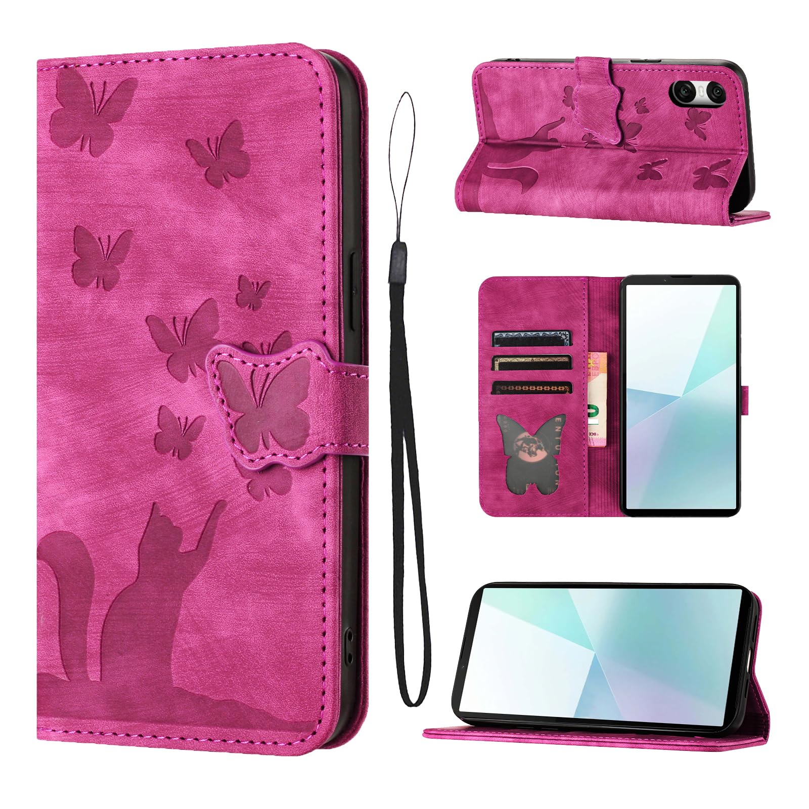 LSPCASA Phone Case For Sony Xperia 10 VI Premium PU Leather Material Sony Xperia 10 VI Case With Card Slots Cat Butterfly Pattern Xperia 10 VI Case Pink