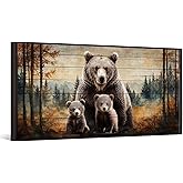 iKNOW FOTO Bear Family Wall Art with Black Floater Frame Rustic Forest Animal Canvas Print for Cabin Lodge Bedroom Living Room Nature Wildlife Brown Bear and Cubs Picture Ready to Hang 20x40''