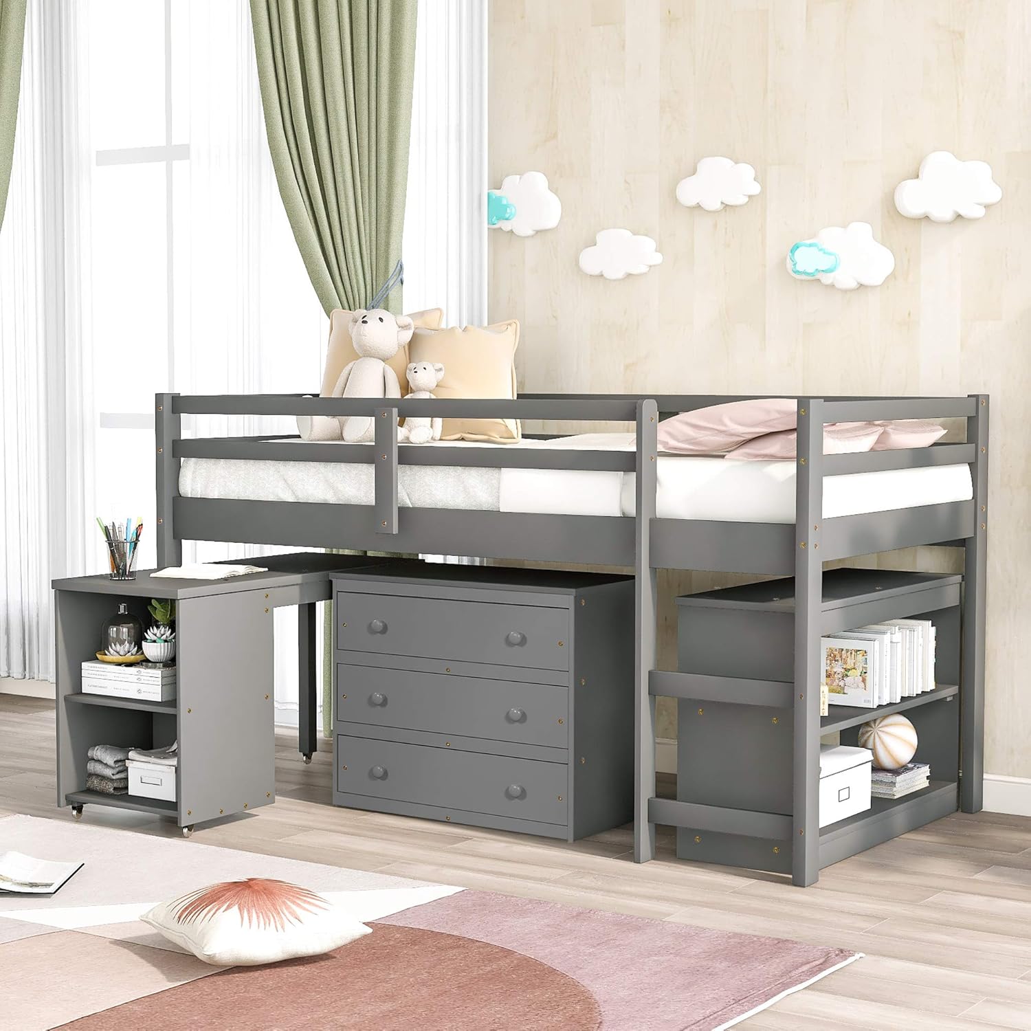 Low Loft Bed Wood Loft Bed Frame with Storage and