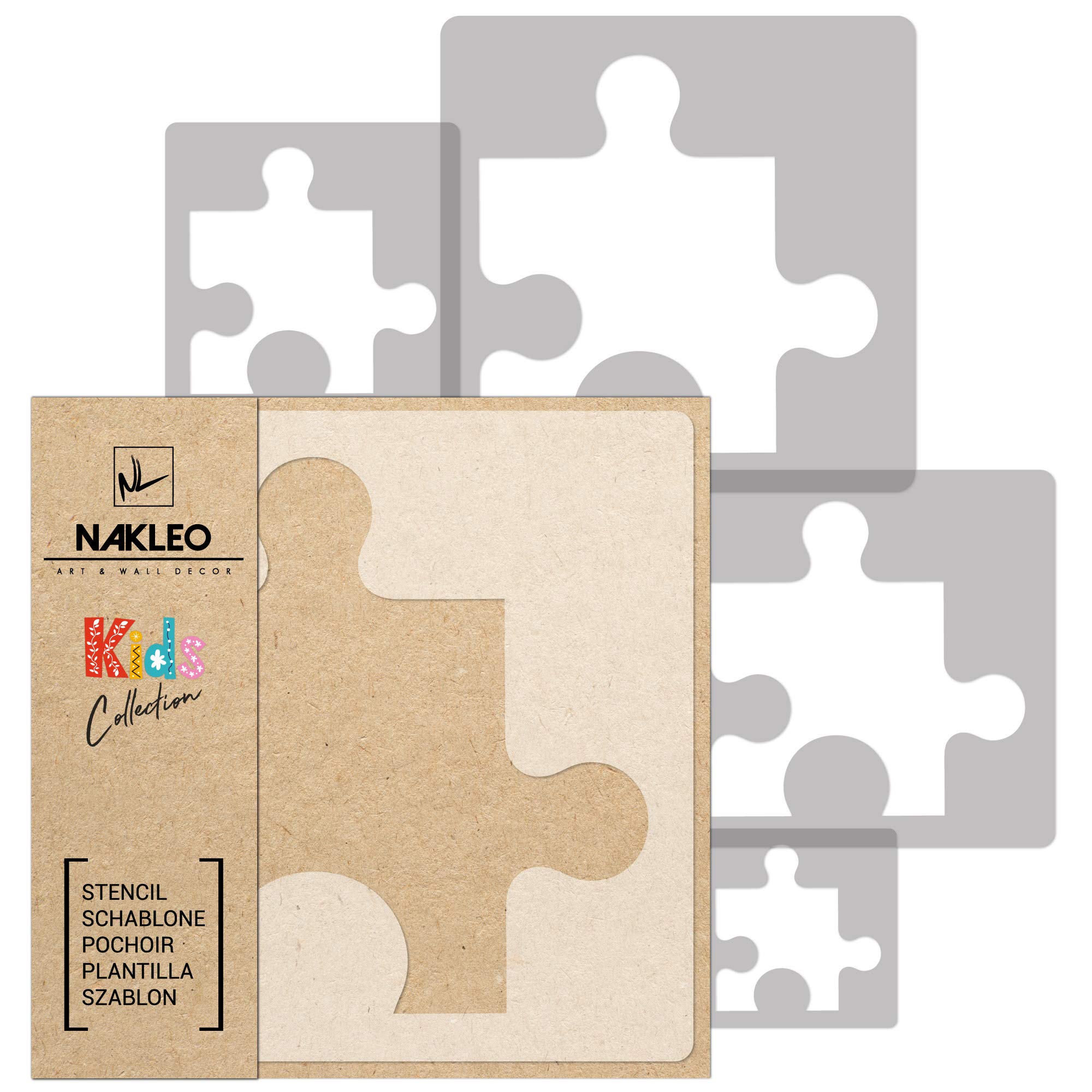 NAKLEO Painting Stencils Set for Nursery Room, 5 Pcs Templates 9x9 to 34x34cm Puzzle Element Jigsaw, Plastic and Reusable Drawing Stencils, Decor, Craft DIY Wall Furniture