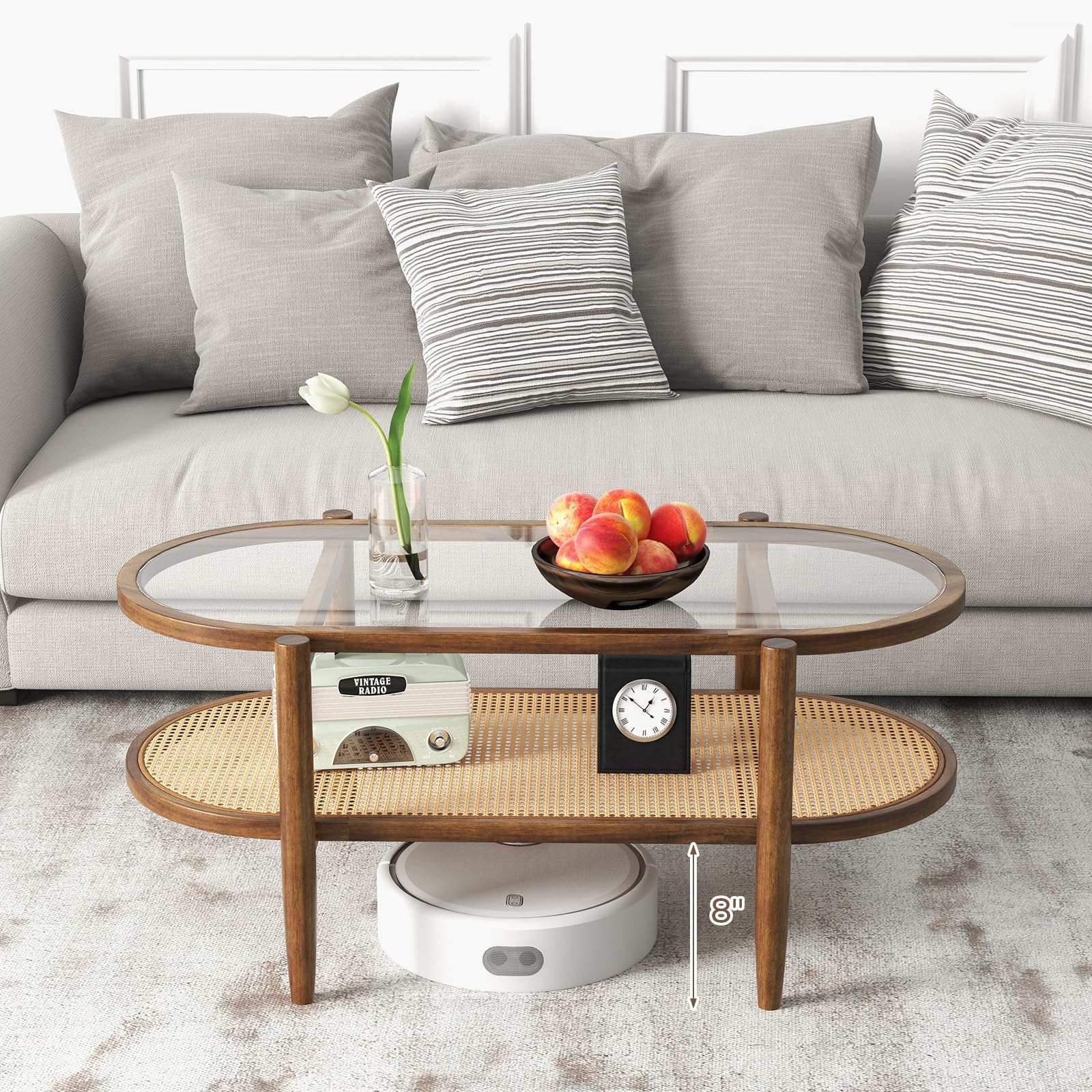 COSTWAY Couchtisch, Beistelltisch mit Glas Tischplatte & Rattan Ablage, Wohnzimmertisch mit Holzbeinen & Holzrahmen, Kaffeetisch für Wohnzimmer, Büro, 102 x 56 x 47 cm (Braun) 8