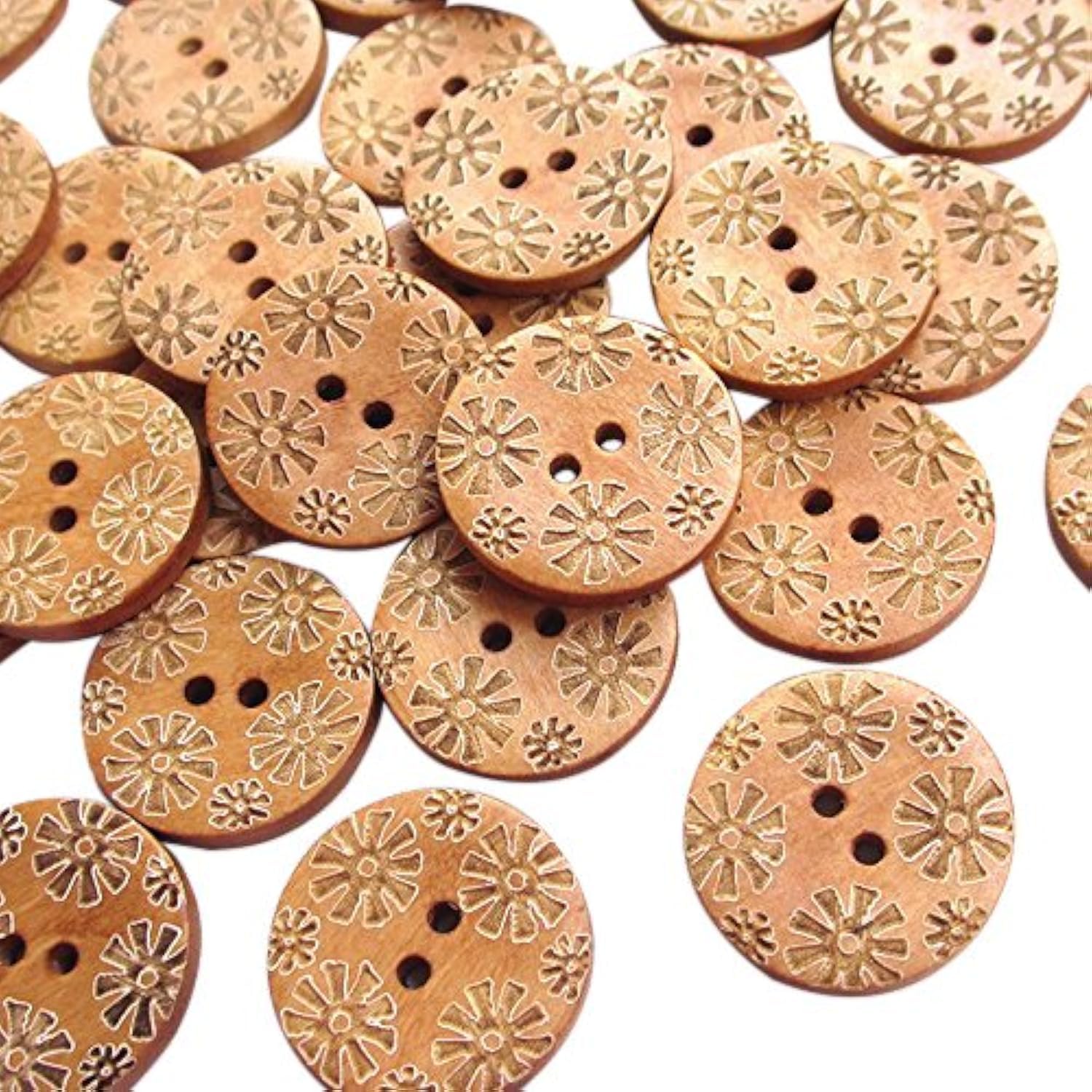 Chenkou Crfat New Mix 50pcs Brown Carve Flowers Wood Sewing Buttons Bead 25mm Craft