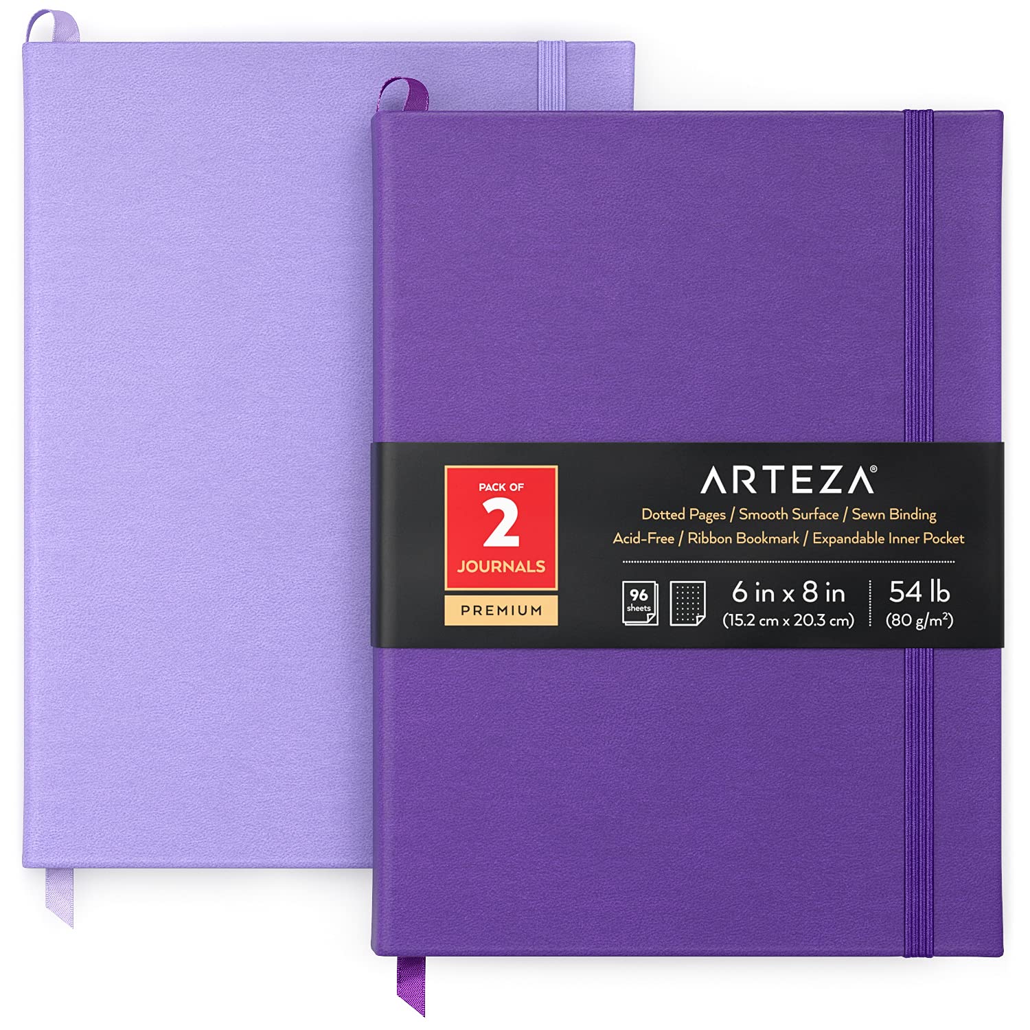 ARTEZA Dotted Bullet Journal Notebook Pack, 15.2 x 20.3 cm, Pack of 2, 96 Sheets, 80 GSM, Lavender and Purple, Hardcover Journals with Smooth Dotted Writing Paper