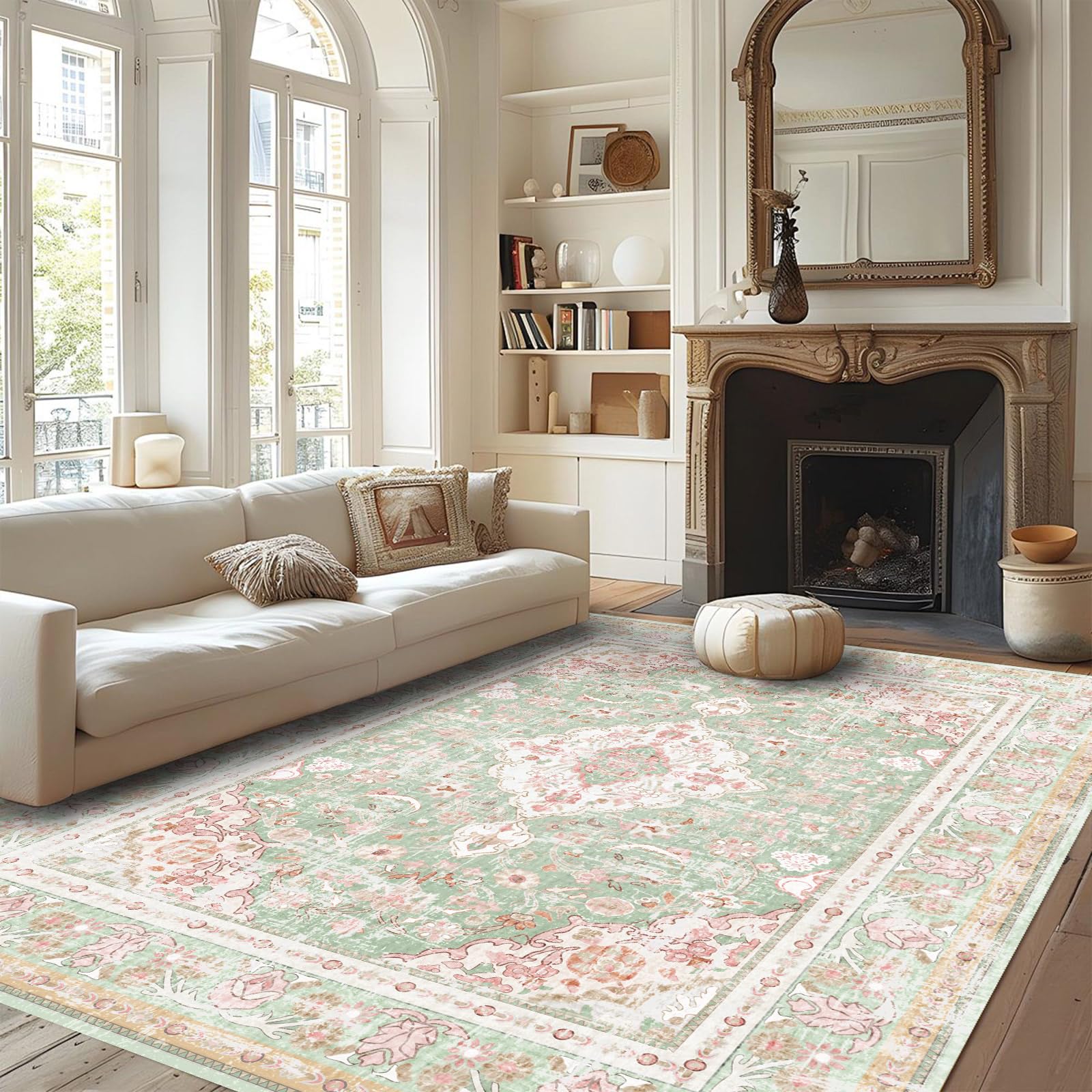 Photo 1 of Vhong Washable Area Rugs Boho Vintage Modern Neutral Large Carpet Green and Pink High Traffic Rugs 6×9 for Dinning Room Living Room Bedroom Farmhouse Non Slip