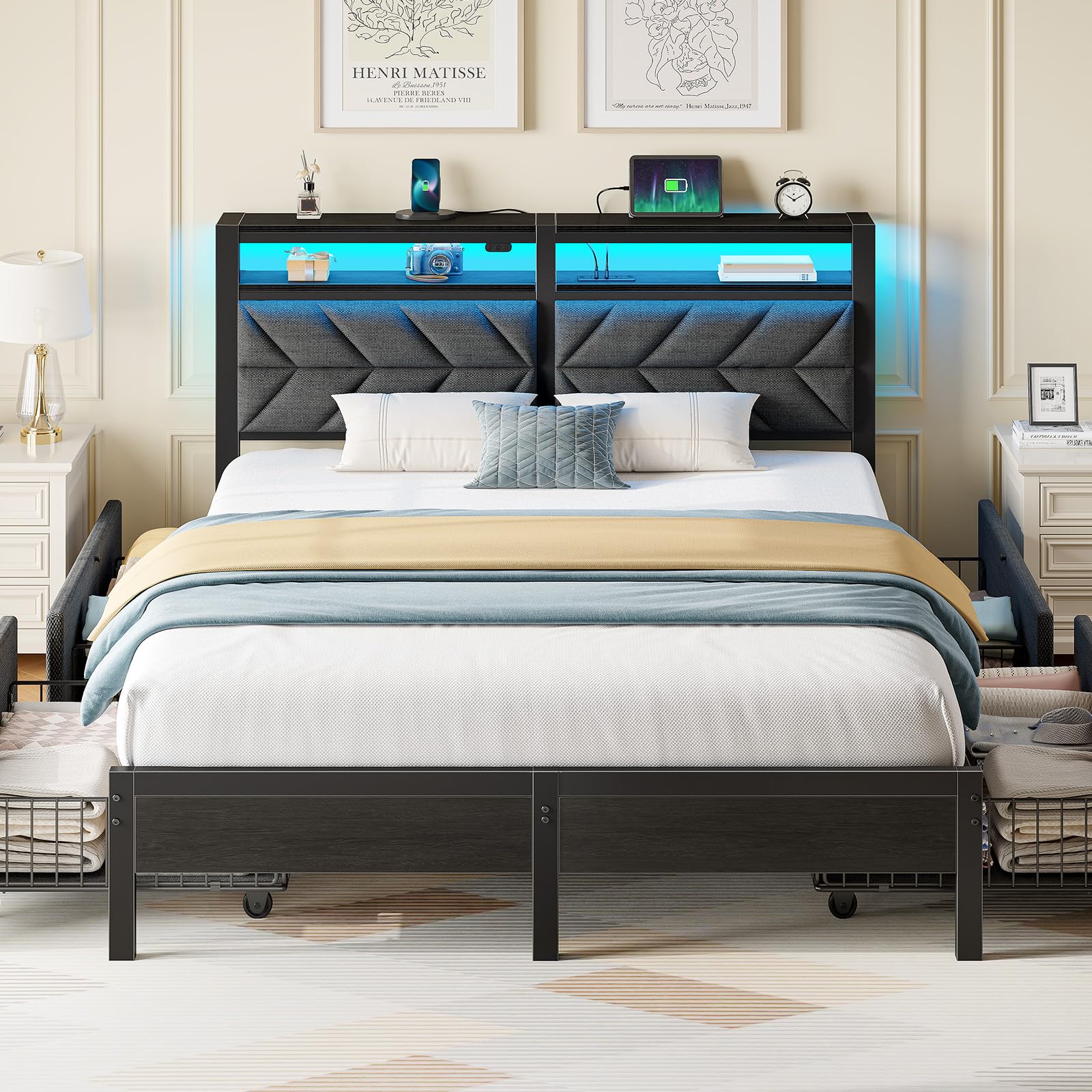 Seventable Queen Bed Frame with 4 Storage Drawers, Charging Station & LED Lights, Upholstered Headboard with 2-Tier Shelves, Metal Platform Bed, No Box Spring Needed, Noise-Free, Grey Image