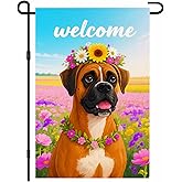 IVN Boxer Dog Garden Spring Flag 12x18 Inch German Boxer Pup Flower Crown Sunflower Daisy Pink Wildflowers Floral Double Sided Vertical Small Yard Flag Seasonal Outdoor Decoration for Outside Home Front Door Lawn Porch Patio Welcome Spring Summer Decor