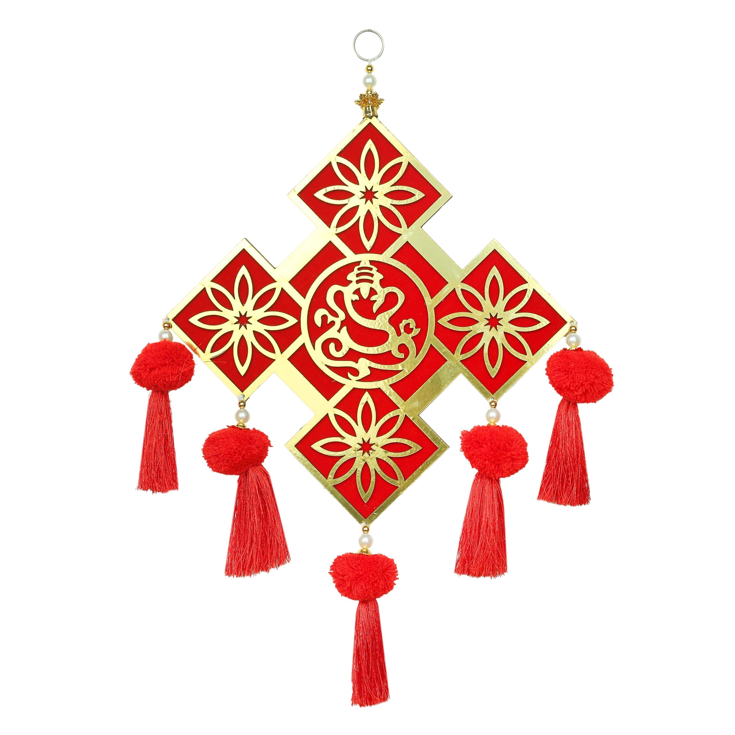 Decorative Ganesha Hanging Door MDF Wooden Square Ganesh Bandanwar Door Hanging Toran Indian Traditional New year Decorations Handcrafted Valance Showpiece for Home Décor(Size:-14"X10")(Red,Golden)