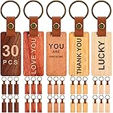 Batiyeer 30 Pcs Wooden Keychain Blanks 5 Colors Rectangle Wood Key Chain with Leather Strap Unfinished Keyrings Gifts for Dad