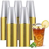 YOUTHSHIP 100 Pcs 16 Oz Disposable Plastic Gold Rimmed Elegant Cups for Wedding, Birthday, Baby Shower Parties