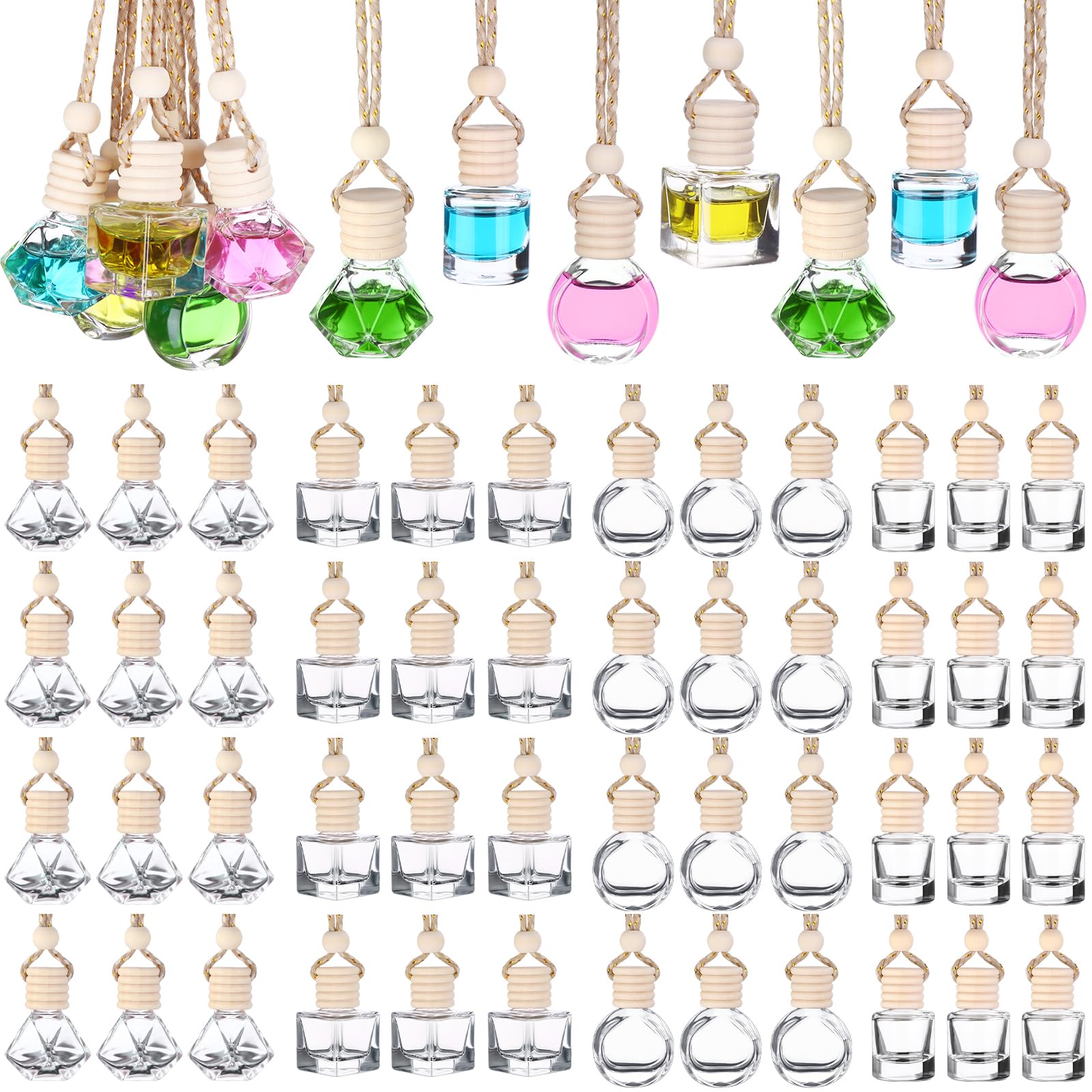 Photo 1 of 60 Pcs Hanging Car Air Freshener Car Diffuser Bottle Empty Glass Perfume Bottles Air Freshener Diffuser Bottle Pendant for Essential Oils Fragrance Aromatherapy Ornament Decor (Various Style)