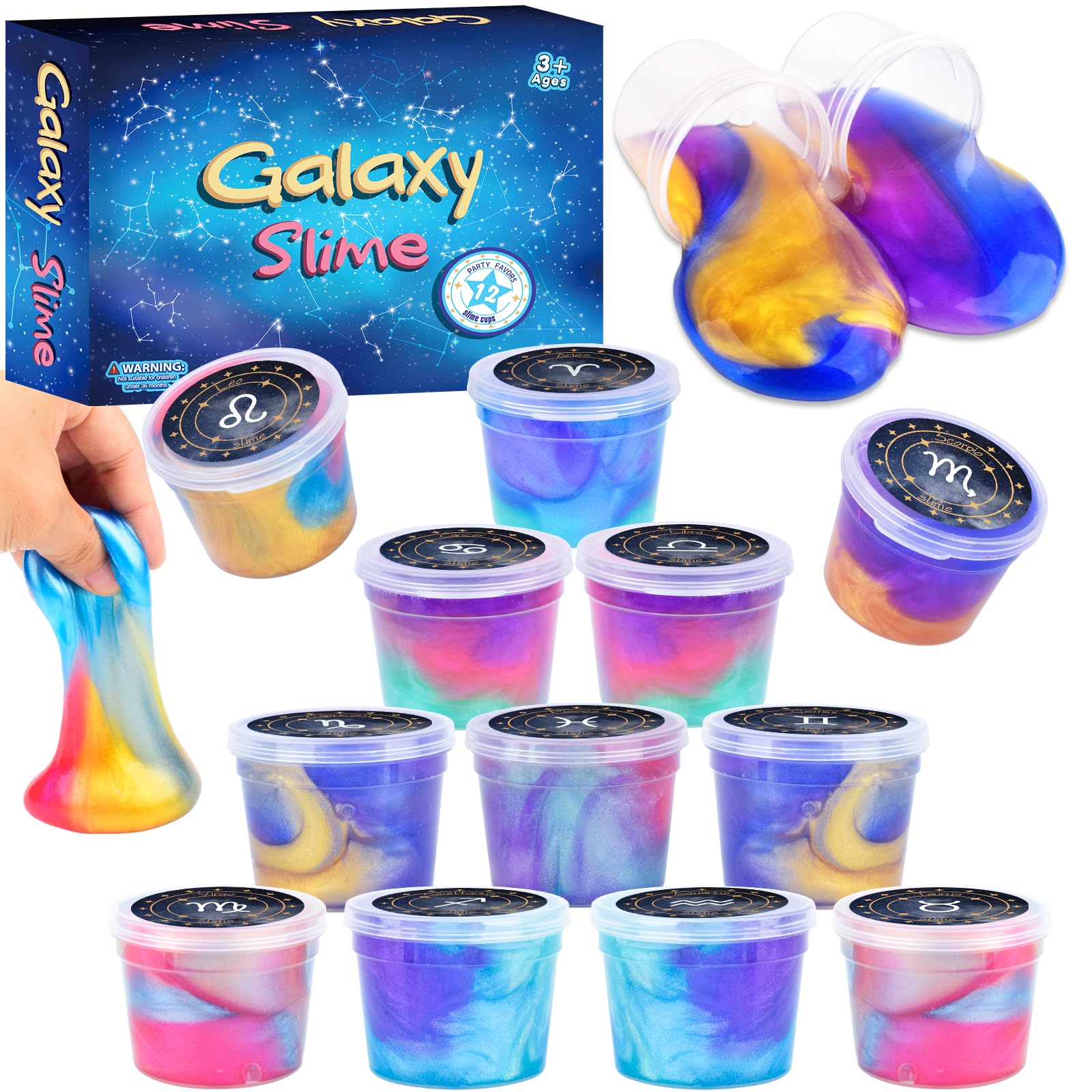 Photo 1 of 12 Pack Galaxy Slime Kit, Galaxy Slime Cup Party Favors for Girls Boys, 12 Constellations Series Mini Slime Bulk, Wet, Non-Sticky, Stress Relief Toy for Kids, Classroom Rewards, Party Supplies