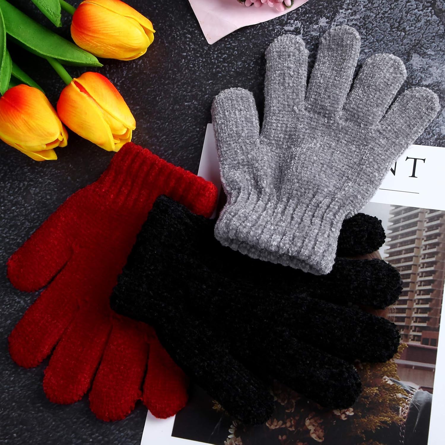 Motarto 6 Pairs Kid's Winter Magic Gloves Soft Chenille Cashmere Warm Gloves Stretchy Knit Gloves: Clothing