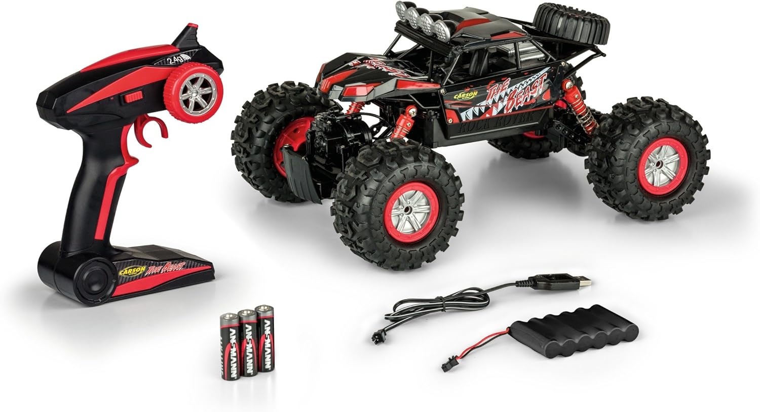 Carson 500404130 The Beast 1:12 - Coche teledirigido Anfibio, 100 % RTR, para Tierra y Agua, Resistente e Impermeable, con Mando a Distancia 2,4 G, Color Negro