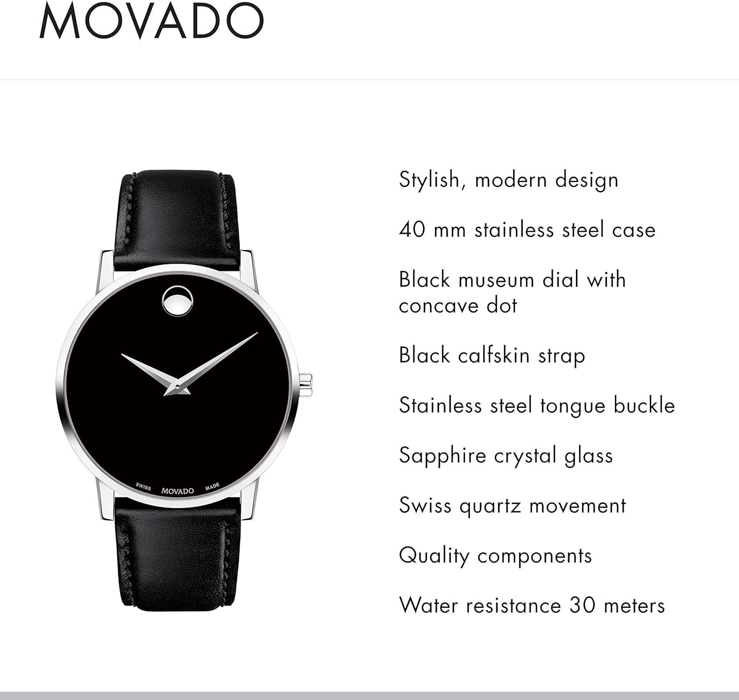 men's swiss museum classic black leather strap watch 40mm