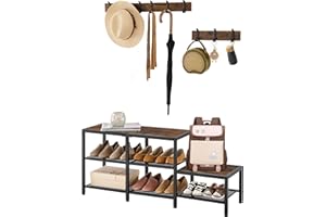 Gewudraw Coat Shoe Rack Bench Entryway - 3-in-1 Parent-Child Hall Tree Entry Bench Seat with Shoe Storage with Coat Hooks Wooden Benches Metal Frame Small Shoes Shelf for Hallway Mudroom Bedroom