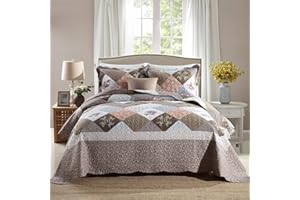HoneiLife Quilt Set - 3 Piece Microfiber Reversible Bedspreads Patchwork Coverlets Floral Bedding Set All Season- Splicing Mocha Rose,Queen/Full Size