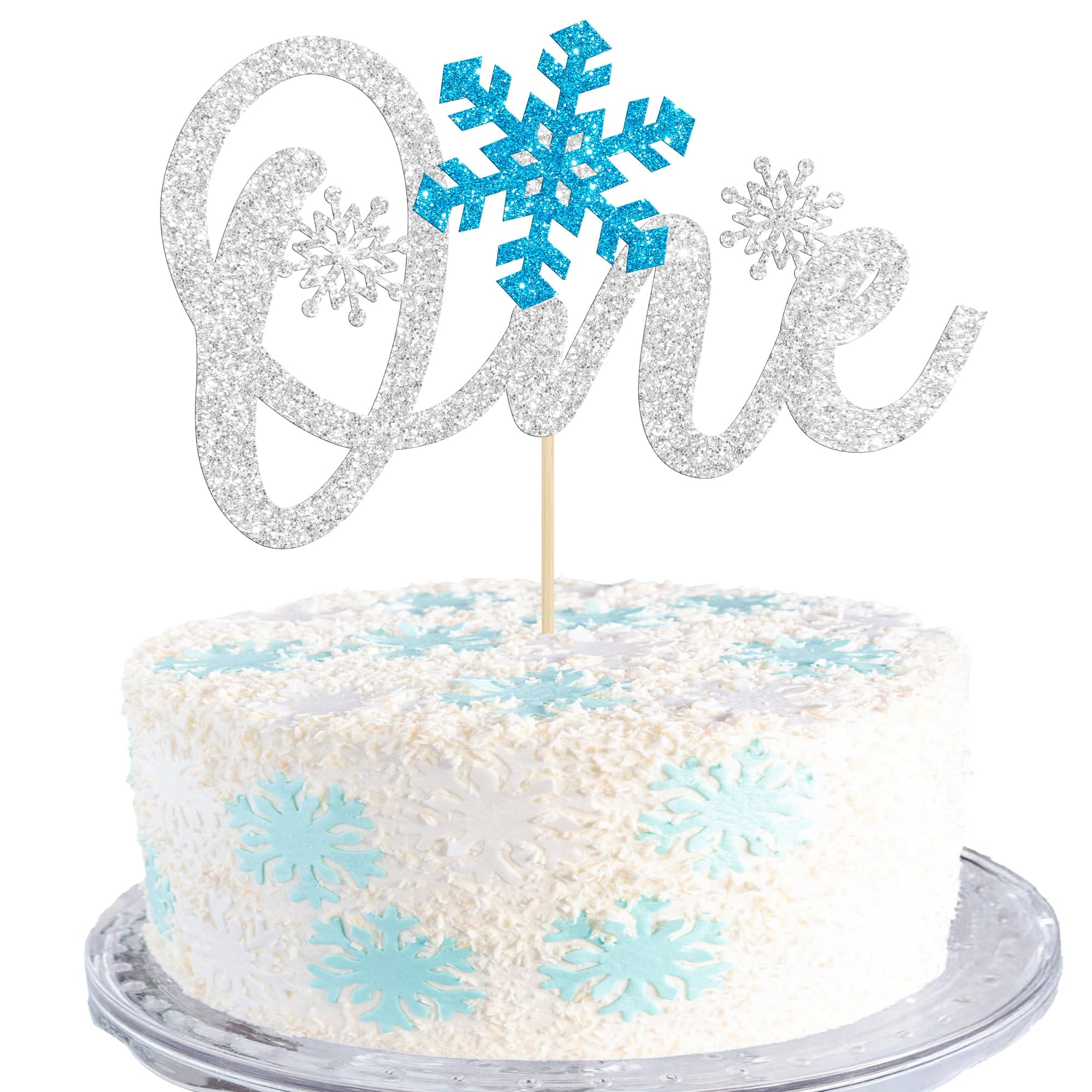 Gyufise 1 Pack Snowflake One Cake Topper Blue Silver Glitter Winter Onederland 1st Birthday Boy Decorations for Winter Xmas Holiday Party Decoration Supplies