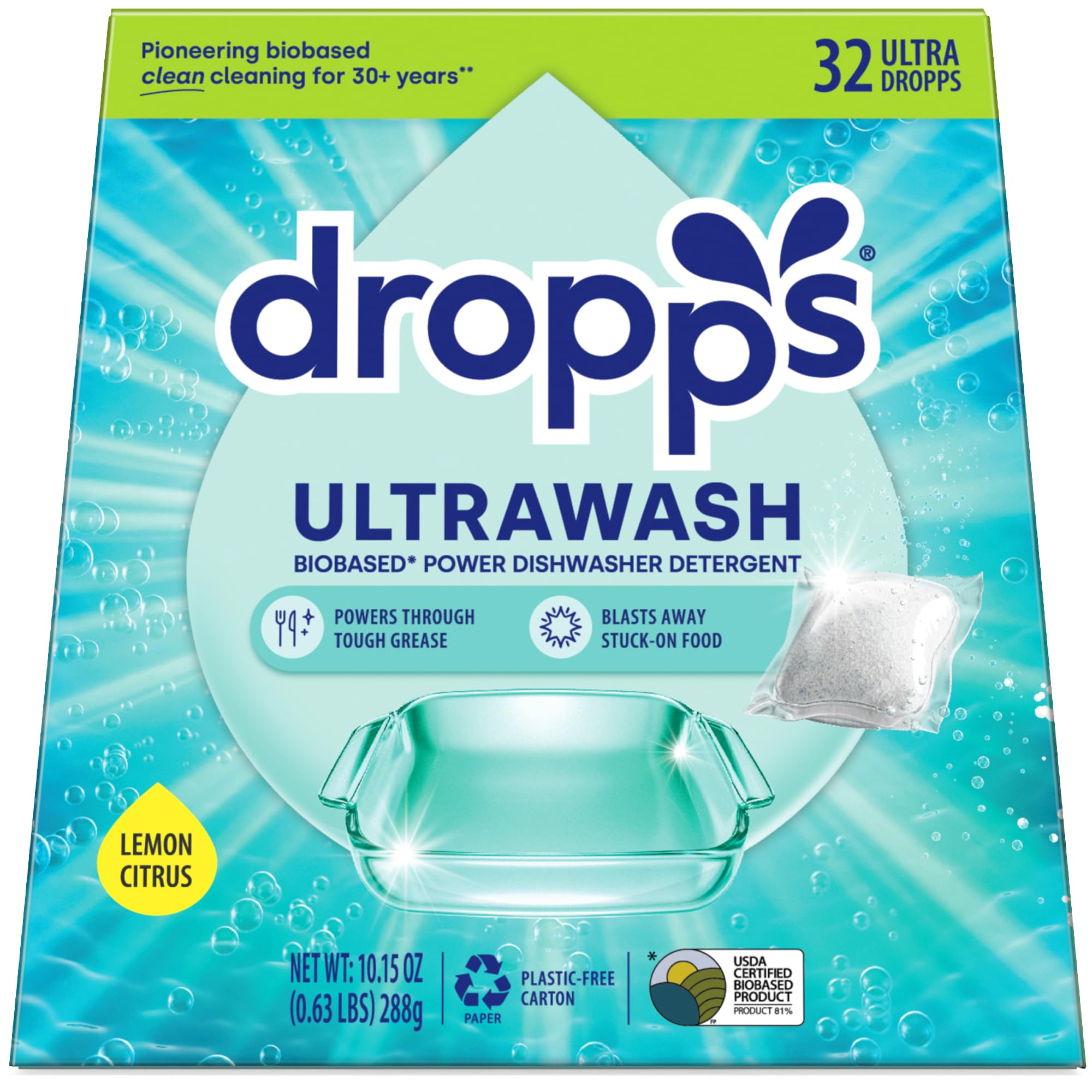 Photo 1 of Dropps UltraWash Dishwasher Pods, Lemon Citrus (32 Count) - Biobased Power Deep Clean Dishwasher Detergent Tablets for Sparkling Shiny Dishes - No Rinse Aid or Pre-Wash Needed - Dishwashing Pods