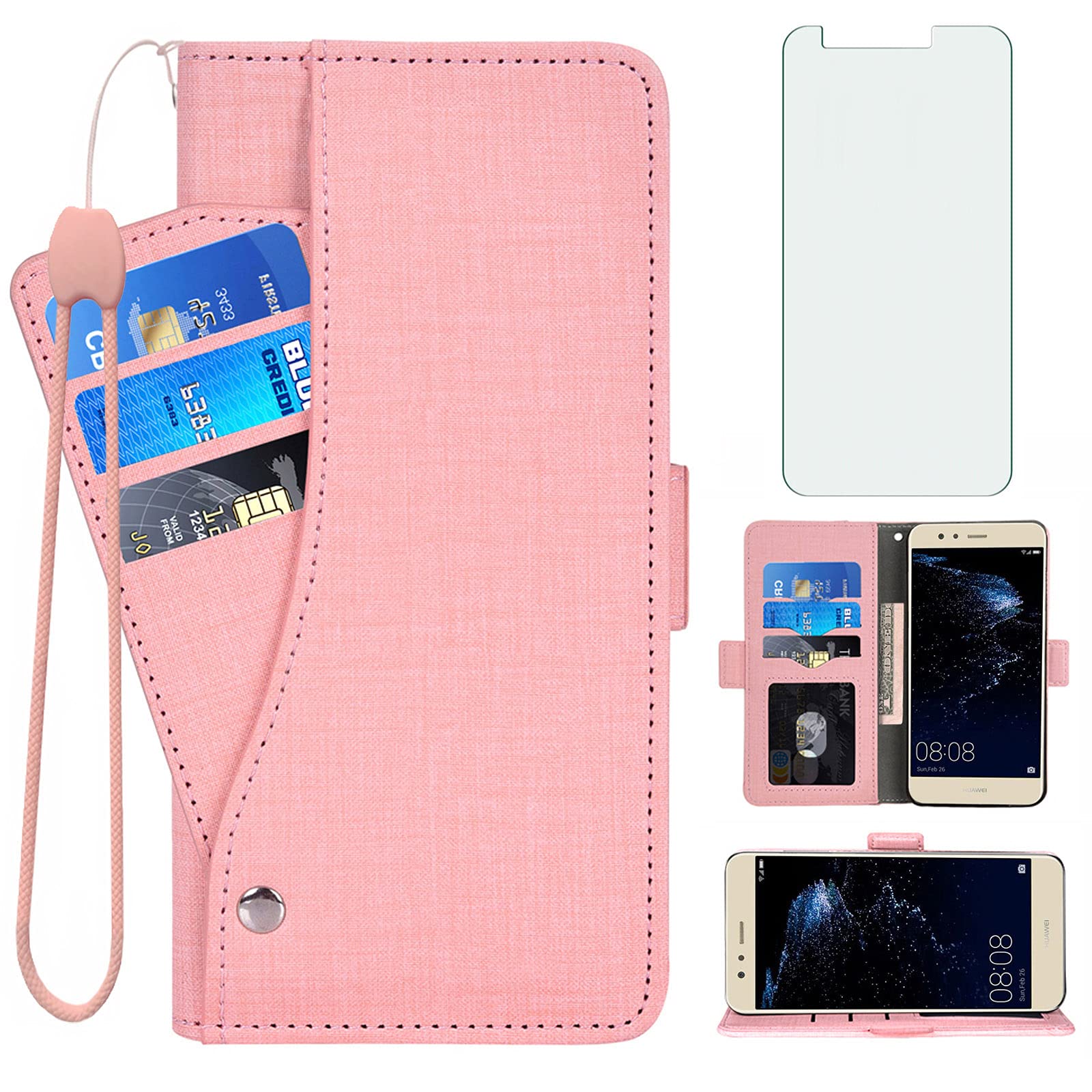 Asuwish Compatible with Huawei P10 Lite Wallet Case and Tempered Glass Screen Protector Leather Flip Cover Card Holder Cell Accessories Phone Cases for Hawaii P10Lite P 10 10Lite 2017 Women Pink