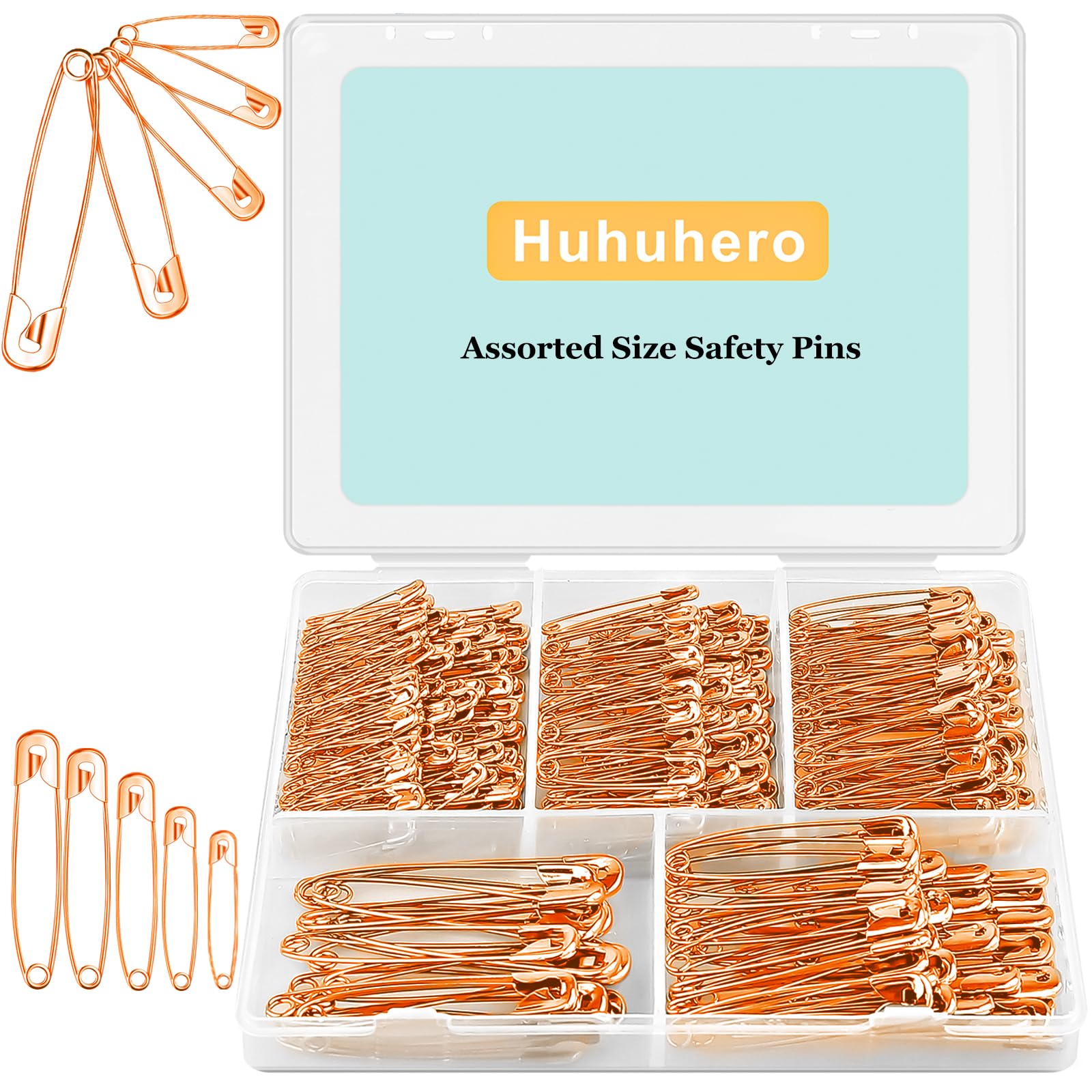 Photo 1 of 340 Pack Safety Pins Assorted, 5 Different Sizes Small and Large Safety Pins for Clothes Costume, Nickel Plated Steel Bulk, Sewing Crafts Art Supplies, Rose Gold