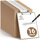 HappyHapi 16 Pack Clipboard, 8.5x11 Clip Board Bulk, Wooden Clipboard | A4 Hardboard Brown Clipboards, Standard Letter Size Clip Board for Classroom, Student, Office &amp; School Supplies