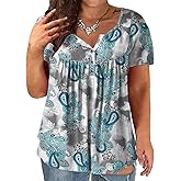 VISLILY Women's Plus Size Henley Shirts Flowy Summer Tops Pleated Buttons Up Tunics