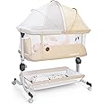 MOMFANN Baby Bassinet Bedside Sleeper, Upgraded Stability Bedside Crib with Full Mesh Sides, Soft Sheet, 6-Height Adjustment, Storage Basket, Easy Folding Portable Bassinet for Newborns, Oatmeal