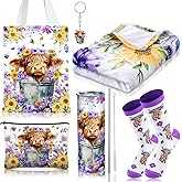 Tiangrid 6 Pcs Valentines Highland Cow Gifts for Women Include 20 oz Stainless Steel Tumbler with Lid and Straw Cosmetic Bag Throw Blanket Keychain Socks Handbag for Women Girls(Purple)