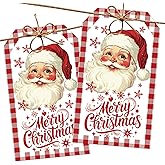 Merry Christmas Gift Labels with String, 2x3.5 Inches Christmas Santa Claus Paper Tags, 50PCS Buffalo Plaid Gift Tag for Xmas Presents, Holiday Wrapping Party Favor Decor Supplies-A01