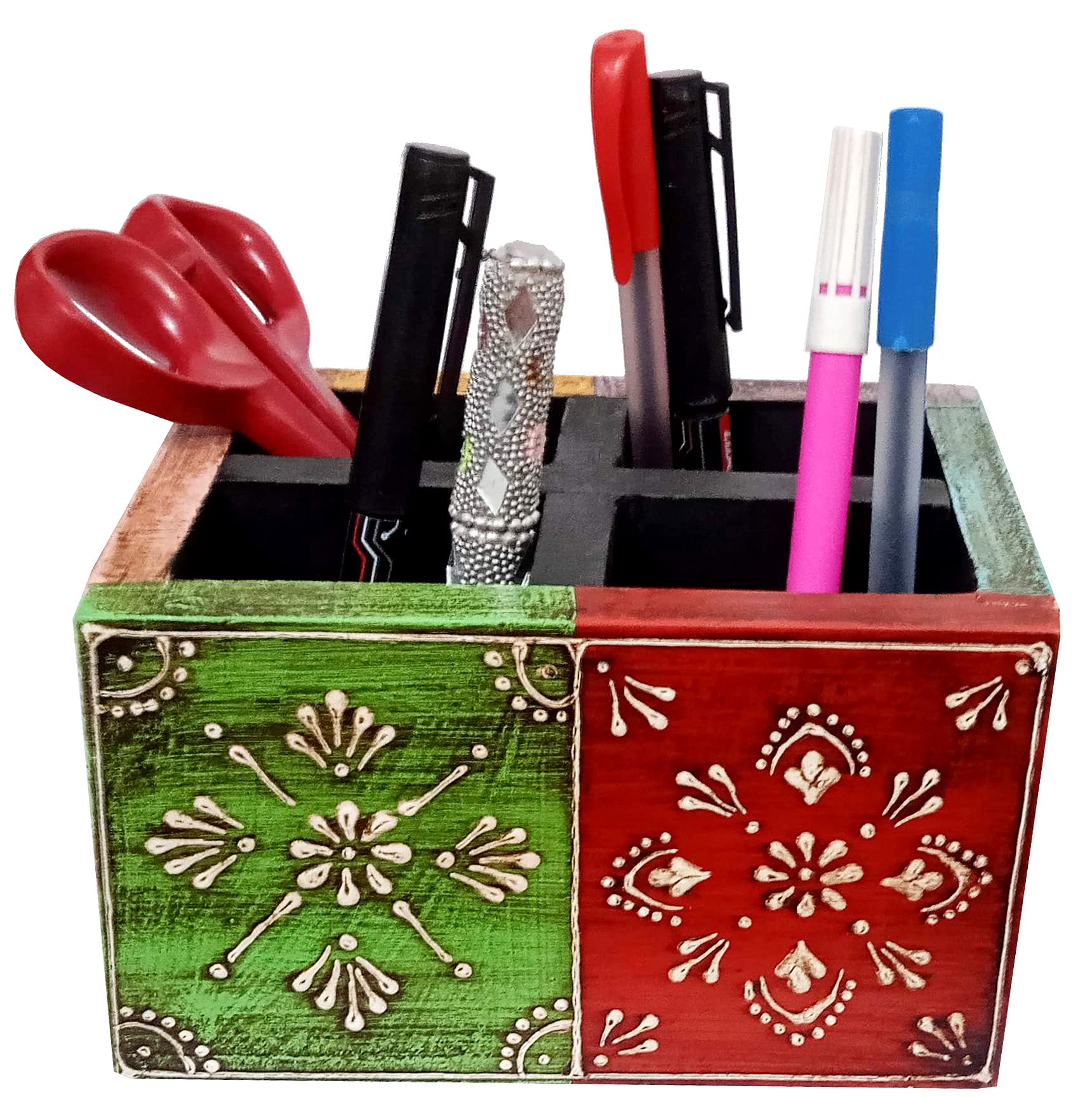 Purpledip Wooden Desk Organizer for Pens, Mobile Phone Or Visiting Cards: Handpainted Office Table Accessory (10743)