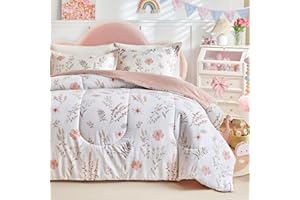 Joyreap 3pcs Floral Cotton Comforter Set for Girls, Pink Flowers n Leaves Botanical Design, Twin Size Soft n Cozy Bedding Com