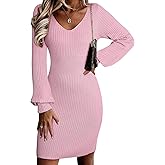 Sidefeel Womens 2025 Fall Winter Ribbed Knit Sweater Dress Casual Long Sleeve Sexy V Neck Bodycon Mini Dress