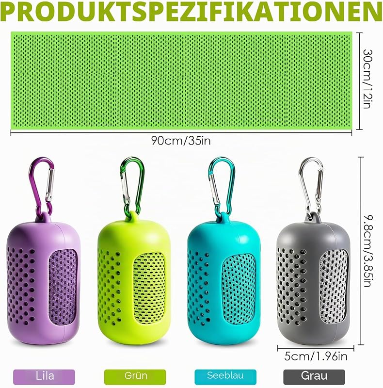Kühlendes Handtuch 4er Set,Cooling Towel aus Mikrofaser,Schnelltrocknendes Sporthandtuch mit Verdunstungskälte, Kühlhandtuch für Fitness,Yoga,Laufen,Gym,Reise & Outdoor,30x90 cm,mit Silikonhülle,Green