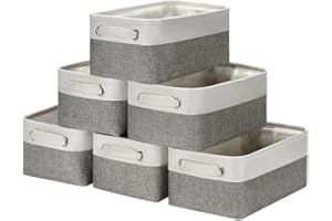 HNZIGE Small Organizer Bins for Shelf,Small Fabric Collapsible Baskets for Organizing Nursery Linen Canvas,Set of 6 Decorative Storage Basket for Storage Closet Toy(White&Gray, 11.8" x 7.8" x 5.1")
