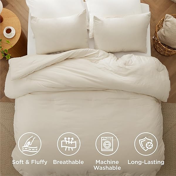 BEDSURE QUEEN COMFORTER SET, CREAM SOFT PREWASHED BEDDING FOR ALL SEASONS, 3 PIECES GENTLESOFT™ BED SET, 1 LIGHTWEIGHT COMFORTER (90″X90″) AND 2 PILLOWCASES (20″X26″)
